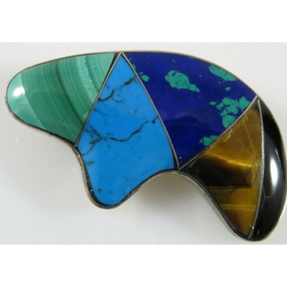 950 Silver Fetish Bear Brooch Onyx, Tigers Eye, Turquoise Taxco Alicia ODC - Picture 3 of 9
